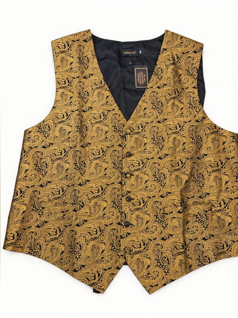 DiBanGu Men’s XXL Gold Black Paisley Silk Formal Vest NWT